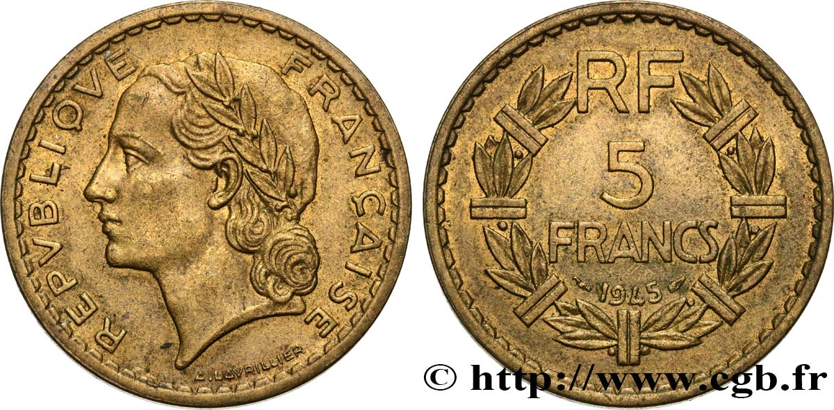 5 francs Lavrillier, bronze-aluminium 1945  F.337/5 EBC55 