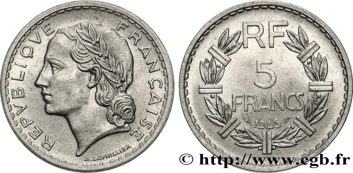 5 francs Lavrillier, aluminium, 9 ouvert 1945  F.339/3 MS62 