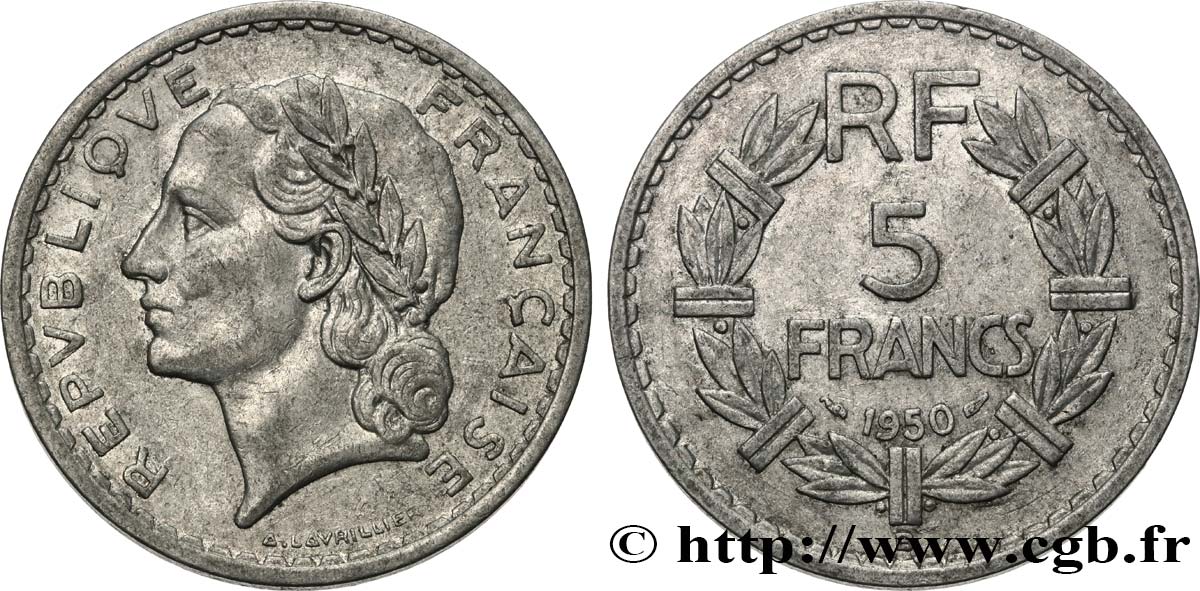 5 francs Lavrillier, aluminium 1950 Beaumont-Le-Roger F.339/21 XF40 