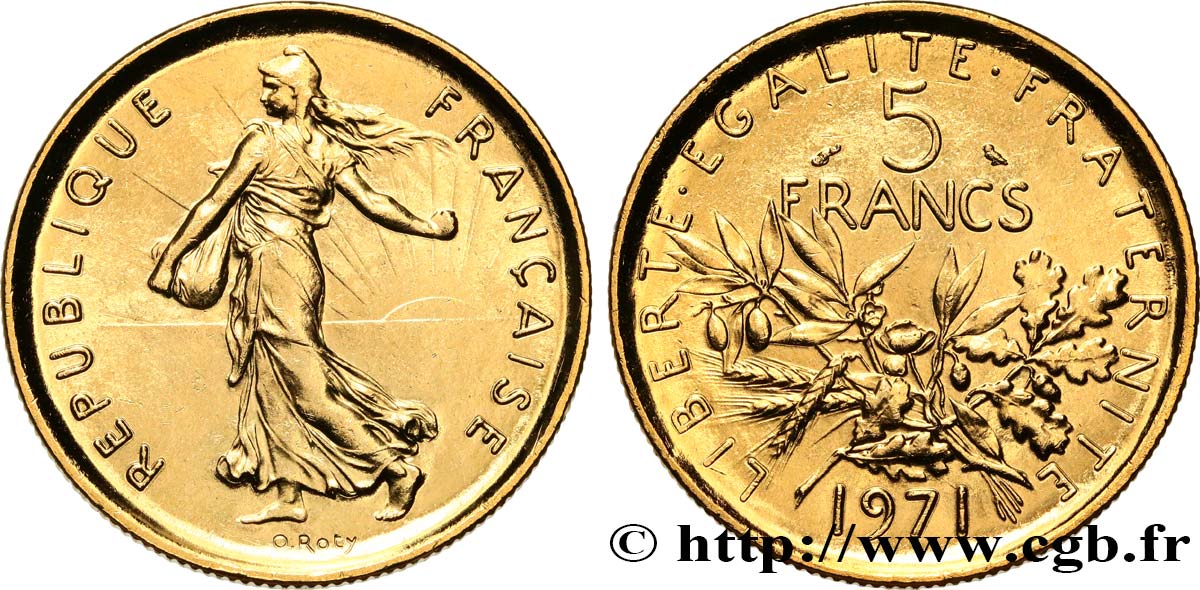 5 francs Semeuse, nickel, doré 1971 Paris F.341/3 var. SUP+ 