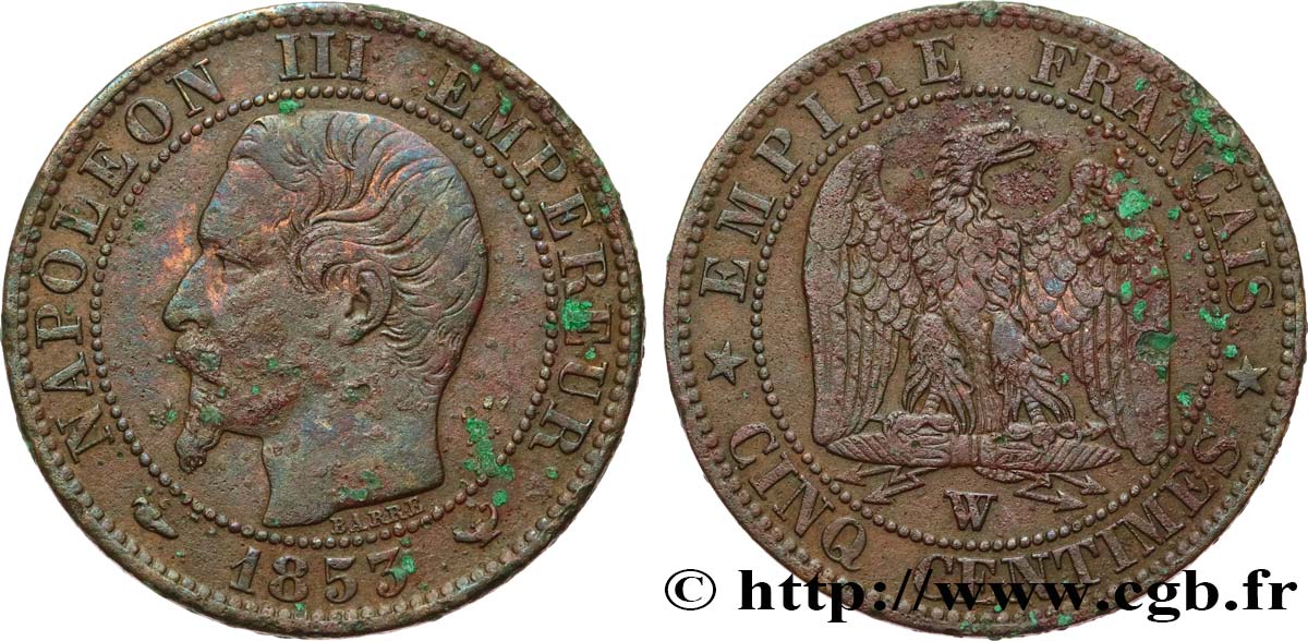 Cinq centimes Napoléon III, tête nue 1853 Lille F.116/7 BC 