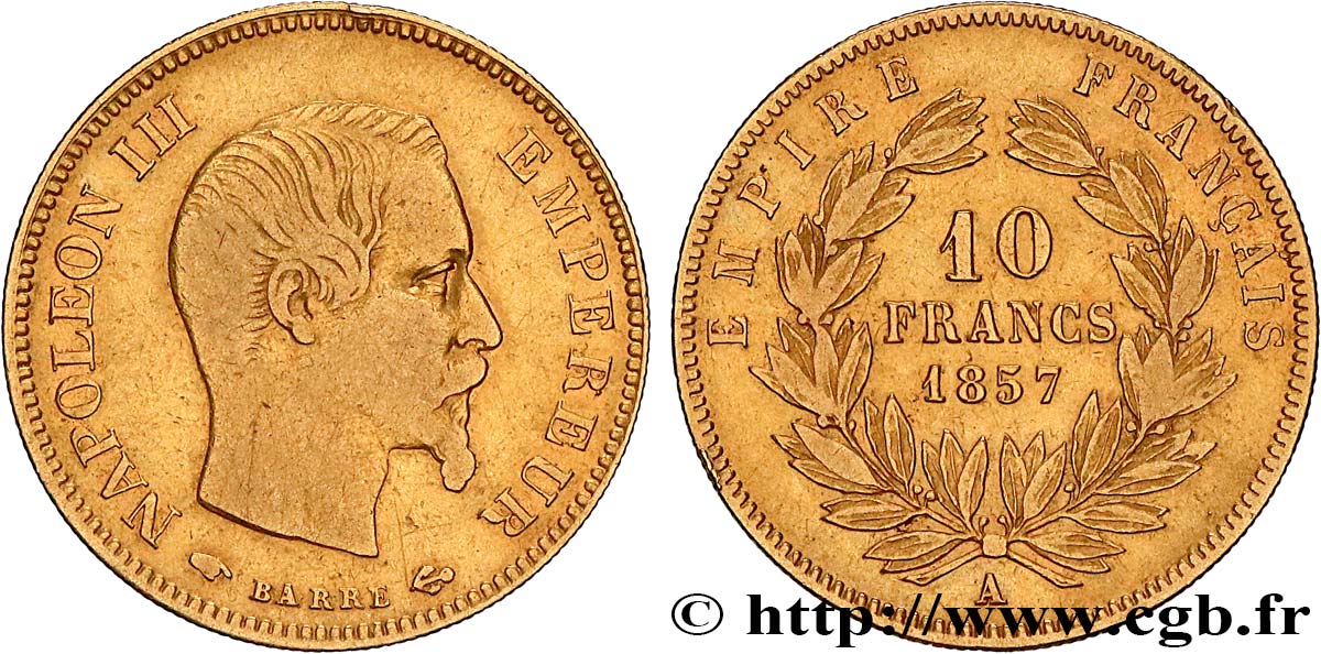 10 francs or Napoléon III, tête nue 1857 Paris F.506/4 VF 