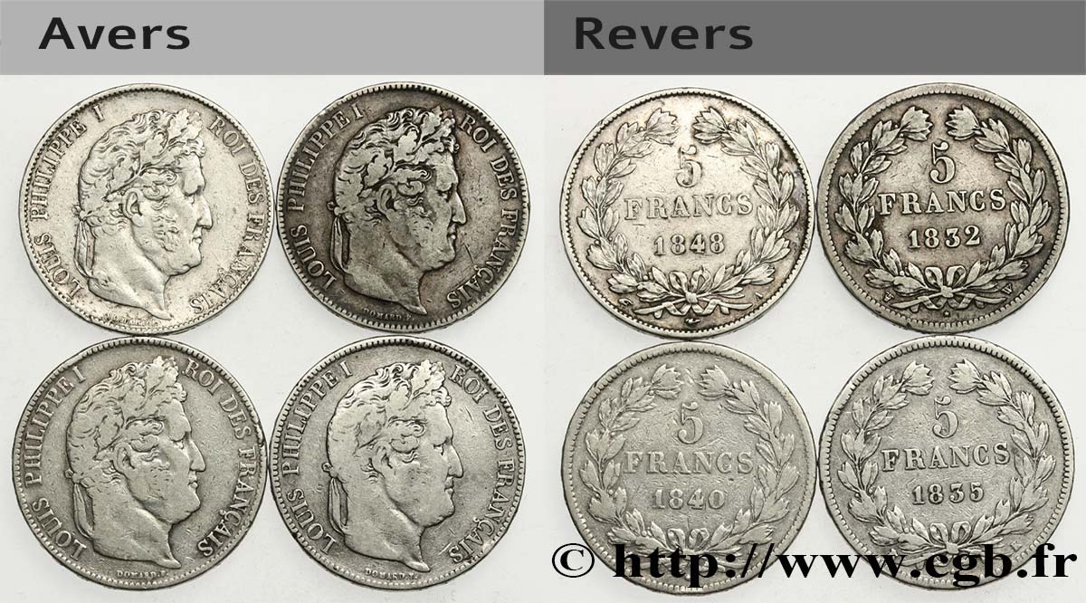 Lot de quatre pièces de 5 francs Louis-Philippe n.d. s.l. F.324/13 VF 