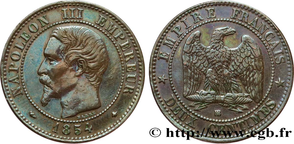 Deux centimes Napoléon III, tête nue 1854 Strasbourg F.107/11 MBC 