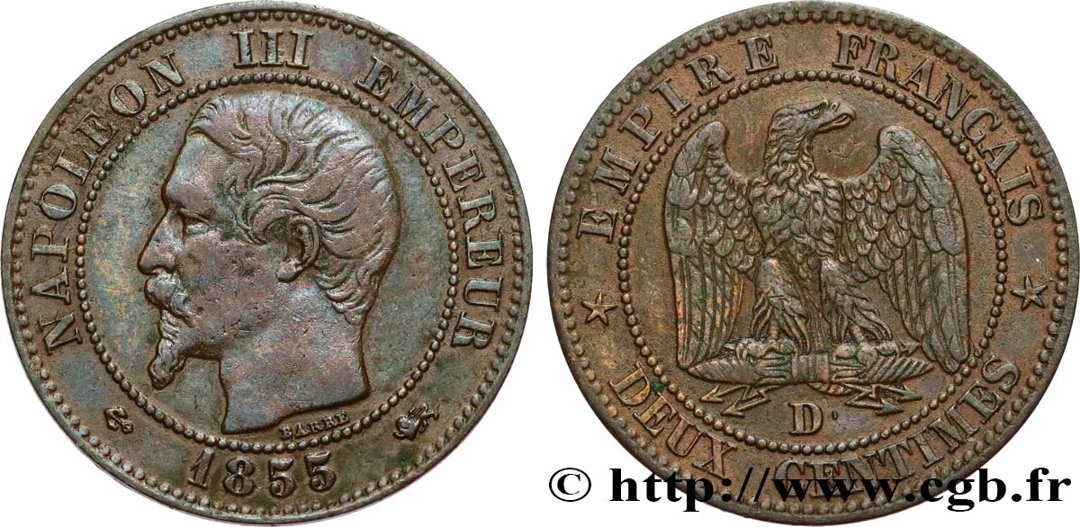 Deux centimes Napoléon III, tête nue 1855 Lyon F.107/27 BC+ 