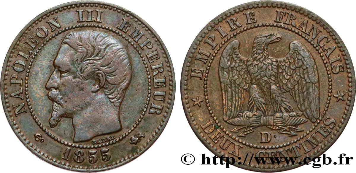 Deux centimes Napoléon III, tête nue 1855 Lyon F.107/27 q.BB 