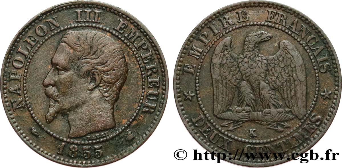 Deux centimes Napoléon III, tête nue 1855 Bordeaux F.107/33 MB35 