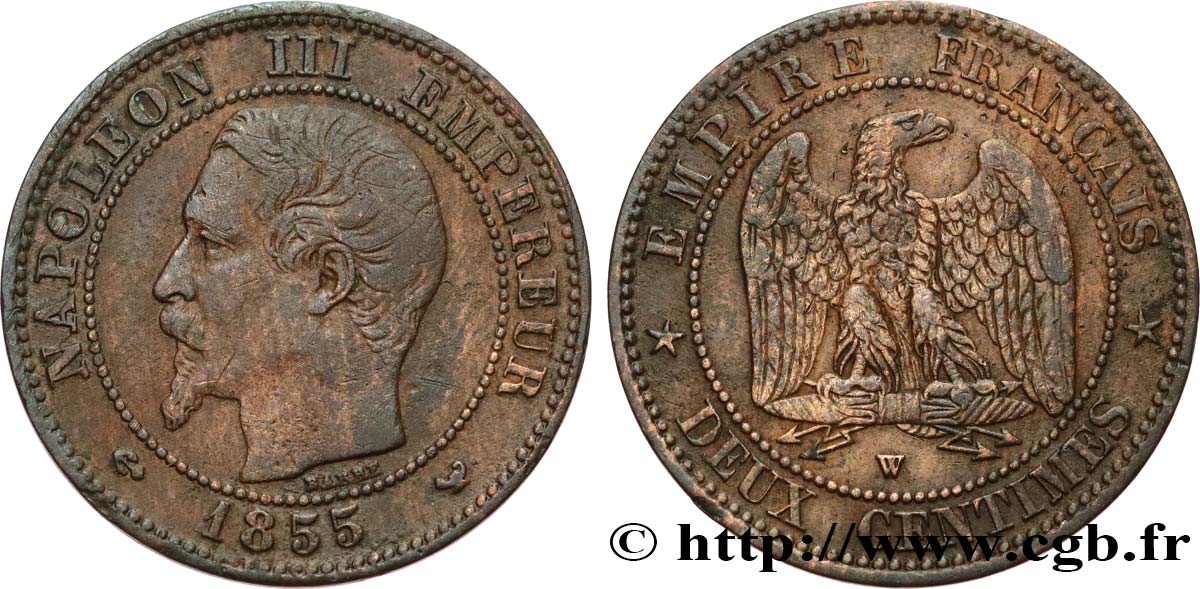 Deux centimes Napoléon III, tête nue 1855 Lille F.107/37 MB35 