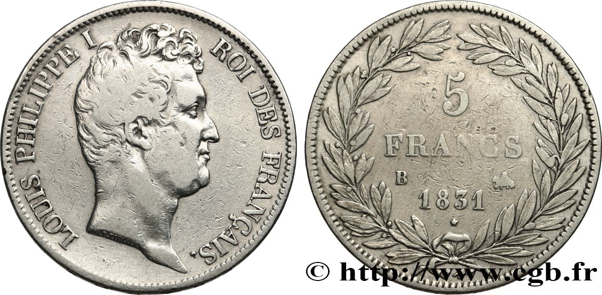 5 francs type Tiolier avec le I, tranche en creux 1831 Rouen F.315/15 TB 