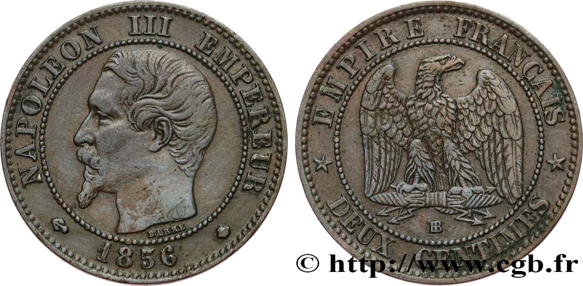 Deux centimes Napoléon III, tête nue 1856 Strasbourg F.107/40 XF45 