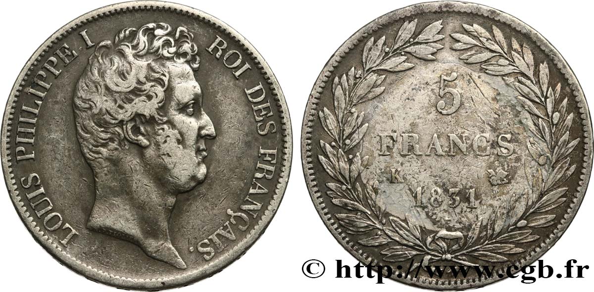 5 francs type Tiolier avec le I, tranche en creux 1831 Bordeaux F.315/20 BC+ 