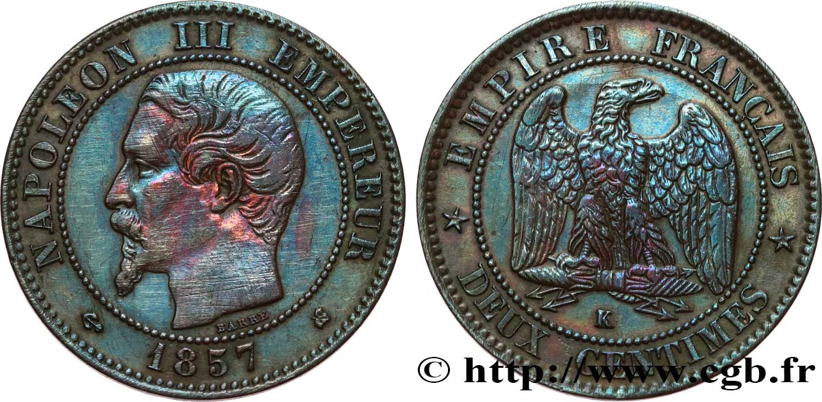 Deux centimes Napoléon III, tête nue 1857 Bordeaux F.107/49 fSS 