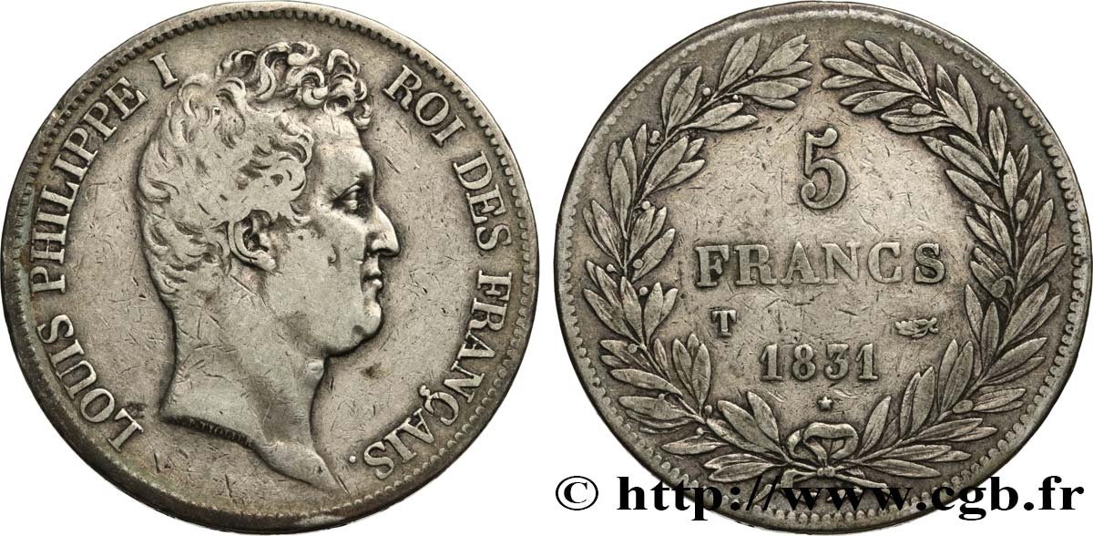 5 francs type Tiolier avec le I, tranche en creux 1831 Nantes F.315/26 BC+ 