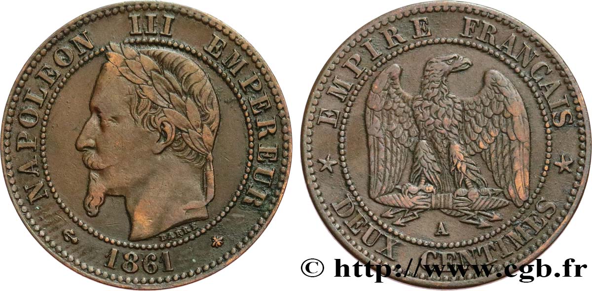 Deux centimes Napoléon III, tête laurée 1861 Paris F.108A/1 TB35 