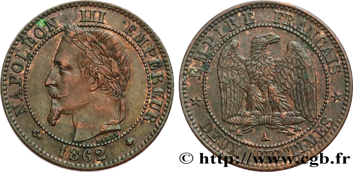 Deux centimes Napoléon III, tête laurée 1862 Paris F.108A/4 TTB45 
