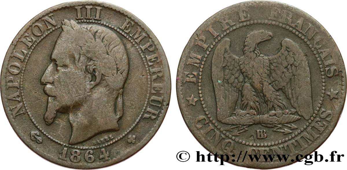 Cinq centimes Napoléon III, tête laurée 1864 Strasbourg F.117/14 RC12 