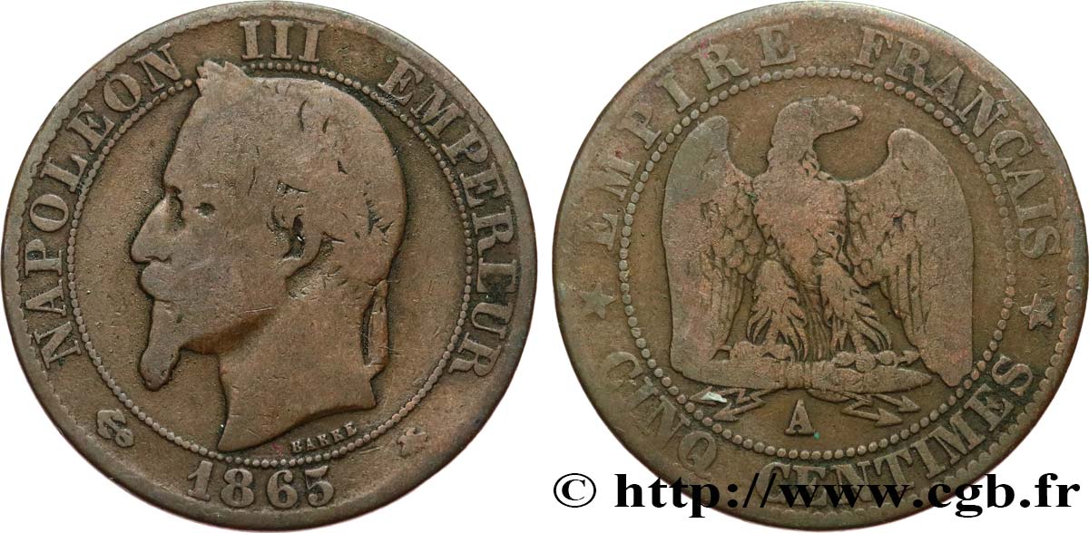 Cinq centimes Napoléon III, tête laurée 1865 Paris F.117/16 SGE10 