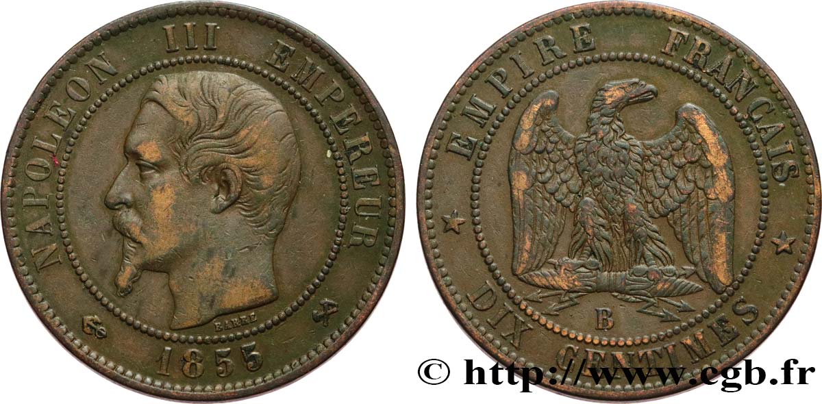 Dix centimes Napoléon III, tête nue 1855 Rouen F.133/22 BC35 