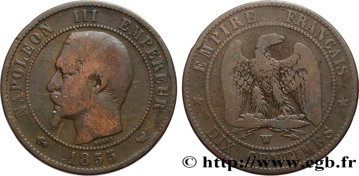 Dix centimes Napoléon III, tête nue 1855 Lille F.133/33 B12 
