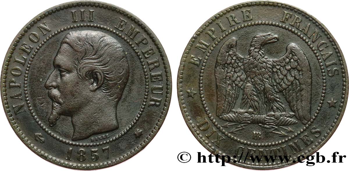 Dix centimes Napoléon III, tête nue 1857 Strasbourg F.133/43 TB+ 