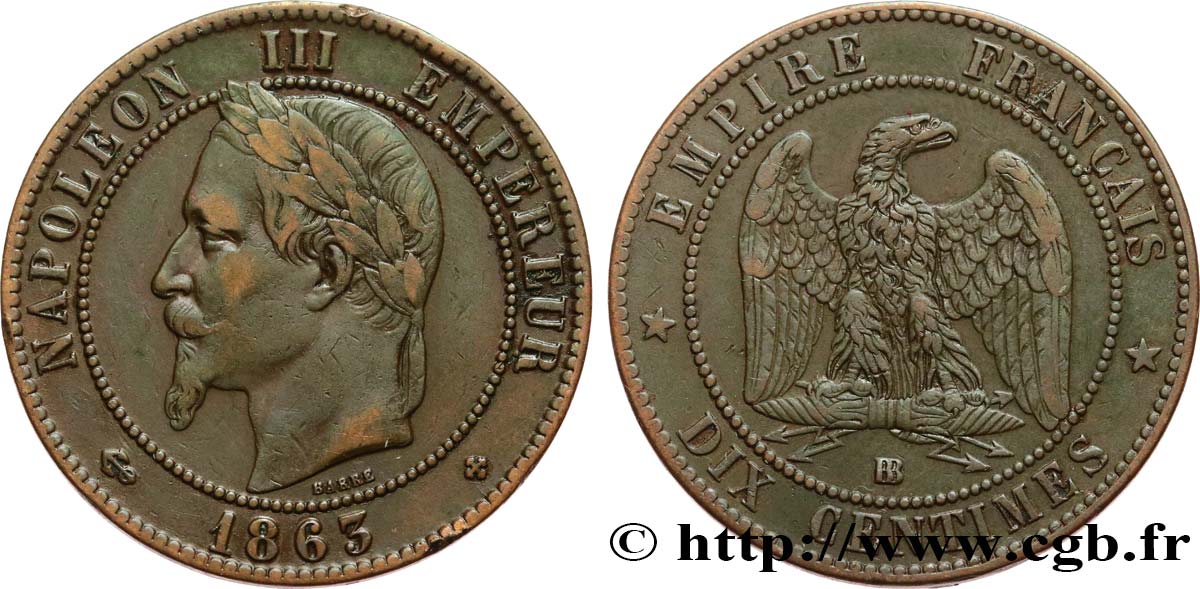Dix centimes Napoléon III, tête laurée 1863 Strasbourg F.134/9 TB35 