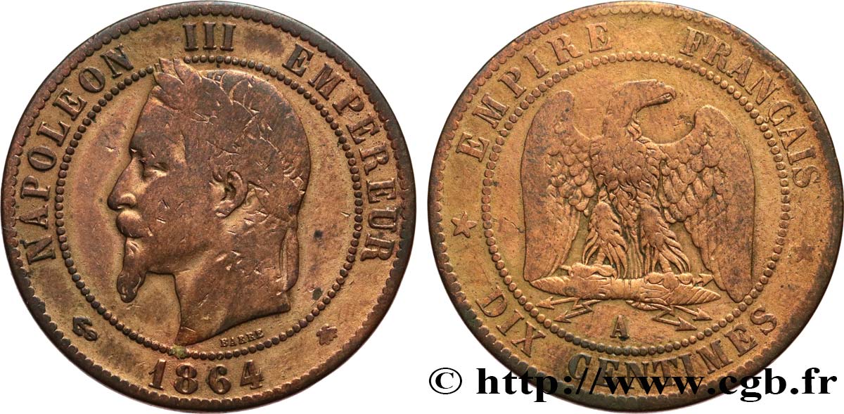 Dix centimes Napoléon III, tête laurée 1864 Paris F.134/13 F 