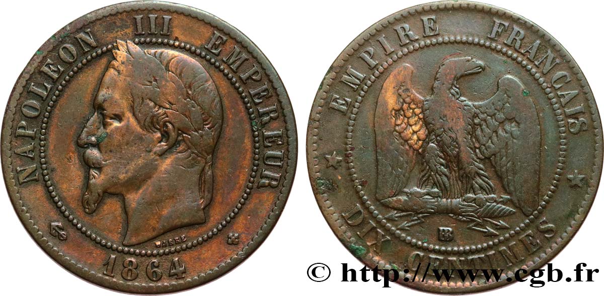 Dix centimes Napoléon III, tête laurée 1864 Strasbourg F.134/14 TB15 