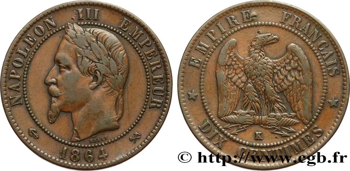 Dix centimes Napoléon III, tête laurée 1864 Bordeaux F.134/15 VF35 