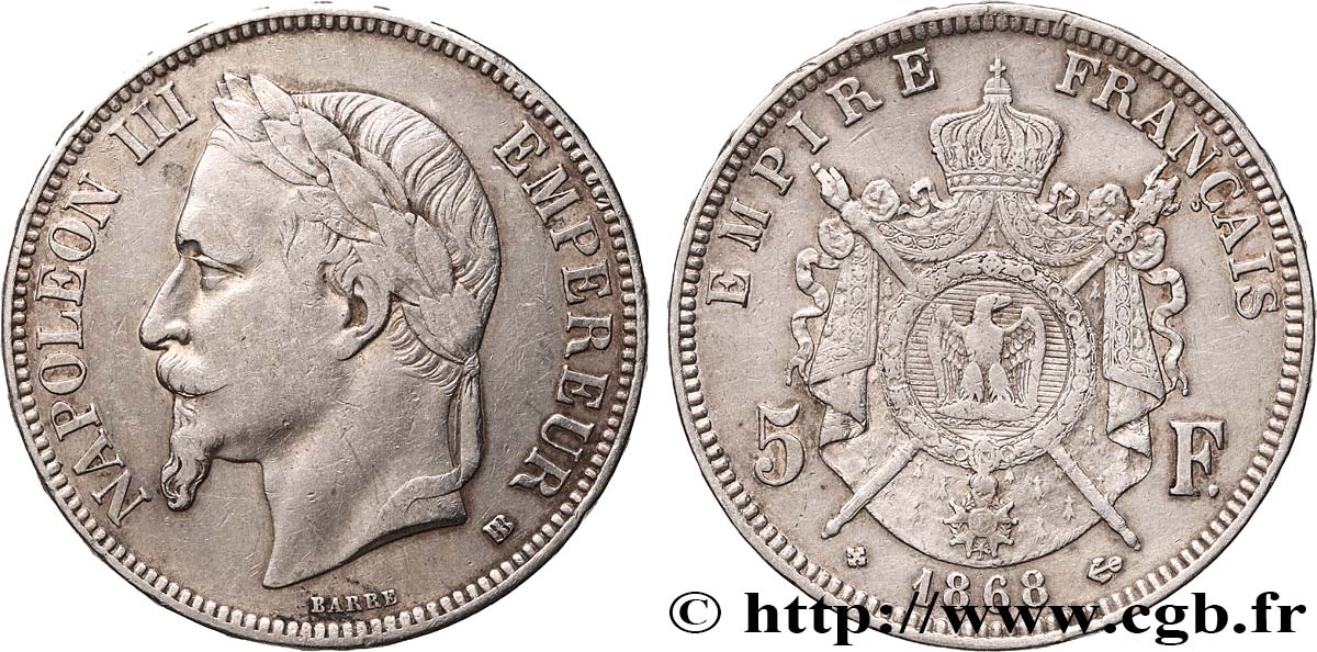 5 francs Napoléon III, tête laurée 1868 Strasbourg F.331/13 VF 