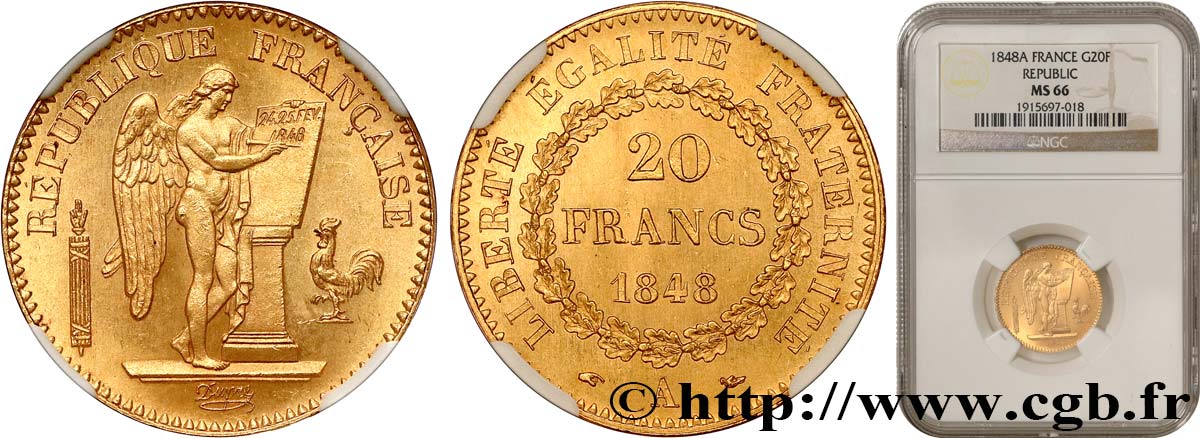 20 francs or Génie, IIe République 1848 Paris F.528/1 ST66 NGC