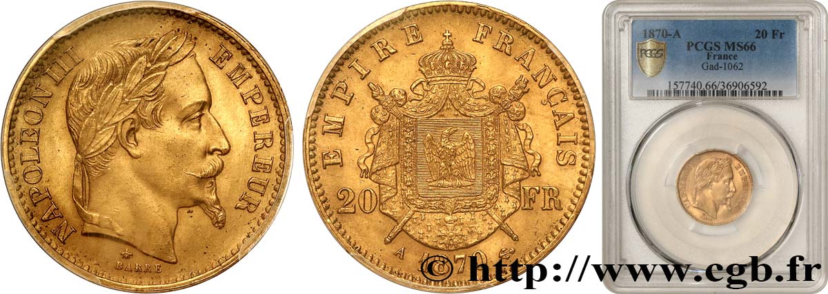 20 francs or Napoléon III, tête laurée 1870 Paris F.532/23 MS66 PCGS