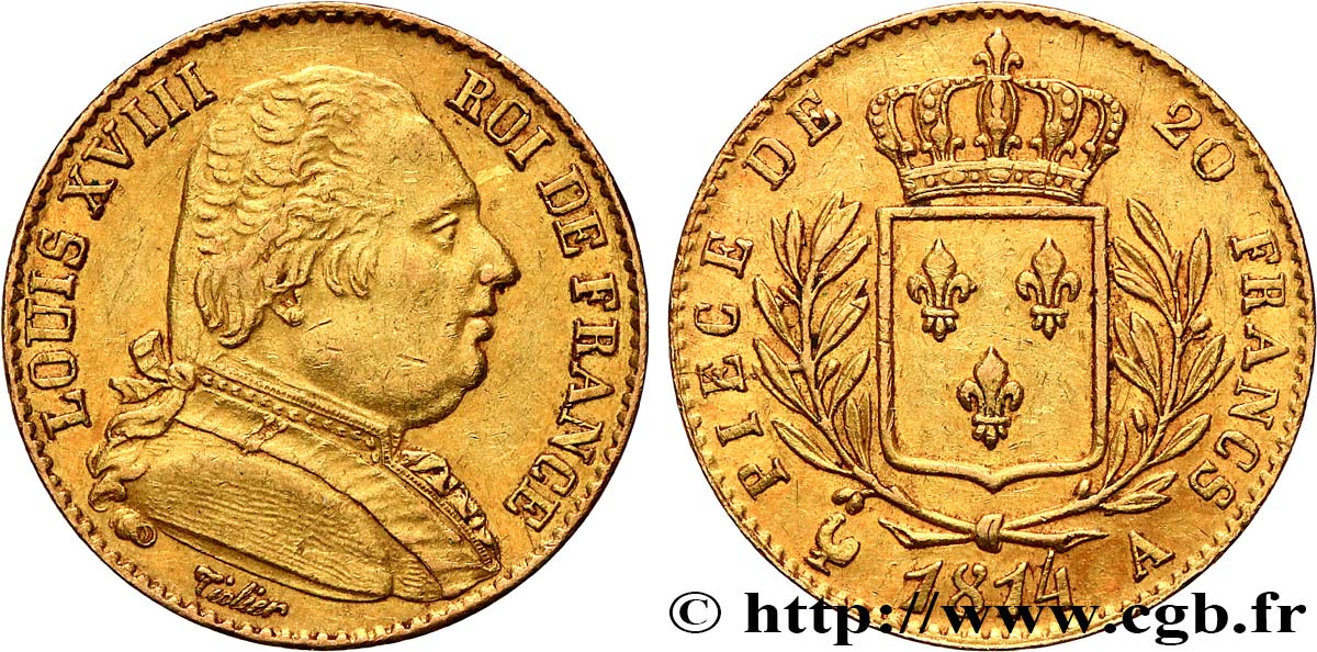 20 francs or Louis XVIII, buste habillé 1814 Paris F.517/1 BB50 