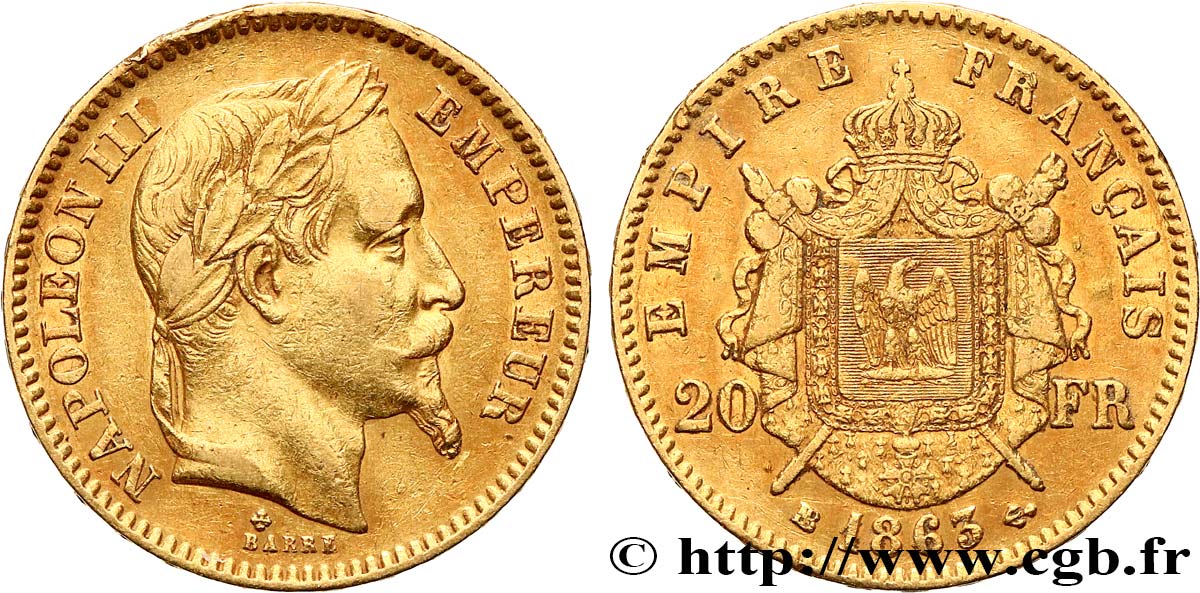 20 francs or Napoléon III, tête laurée 1863 Strasbourg F.532/7 TB+ 