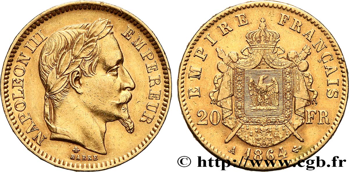 20 francs or Napoléon III, tête laurée 1864 Paris F.532/8 BC+ 
