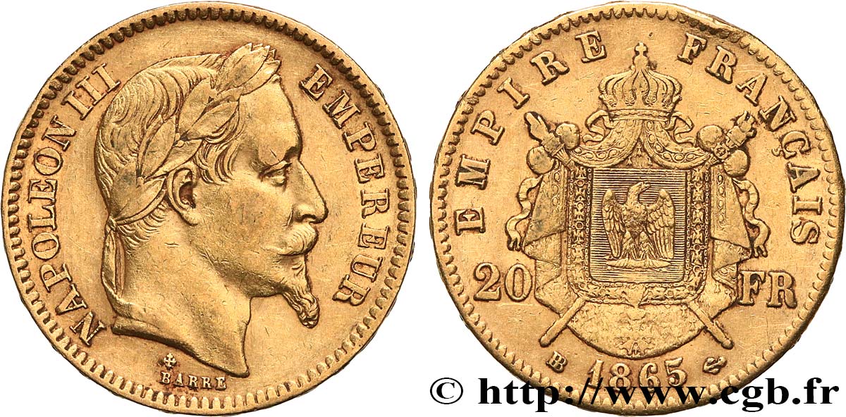 20 francs or Napoléon III, tête laurée 1865 Strasbourg F.532/12 MBC 