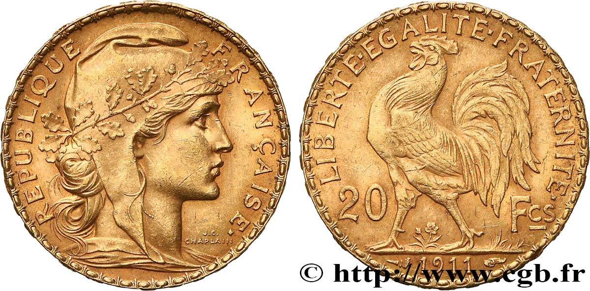 20 francs or Coq, Liberté Égalité Fraternité 1911 Paris F.535/5 AU 