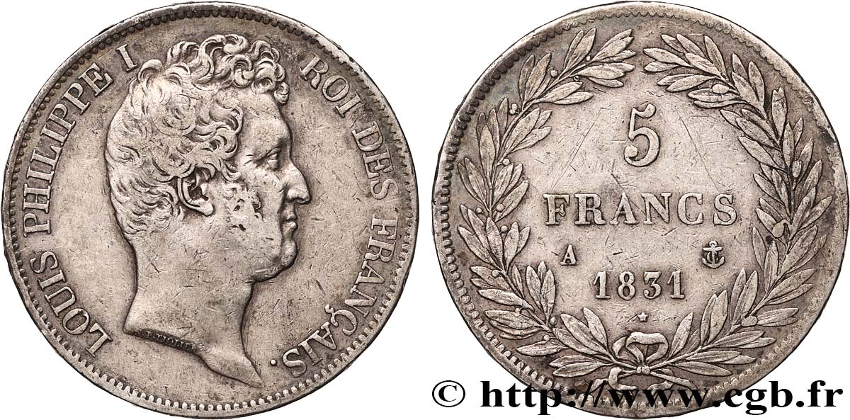 5 francs type Tiolier avec le I, tranche en relief 1831 Paris F.316/2 XF40 