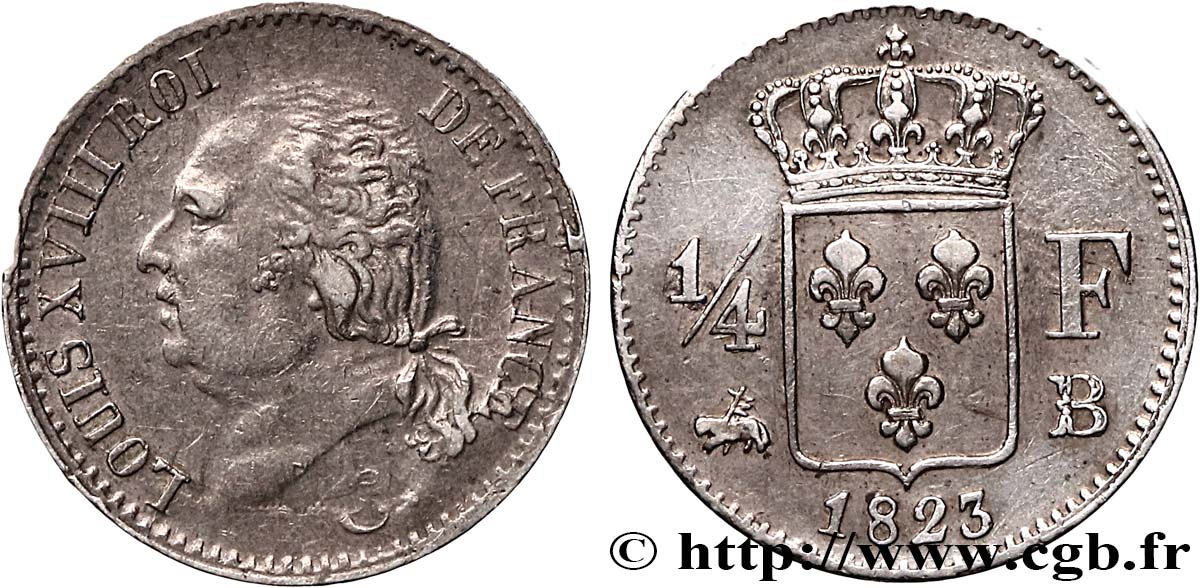 1/4 franc Louis XVIII 1823 Rouen F.163/25 TTB 