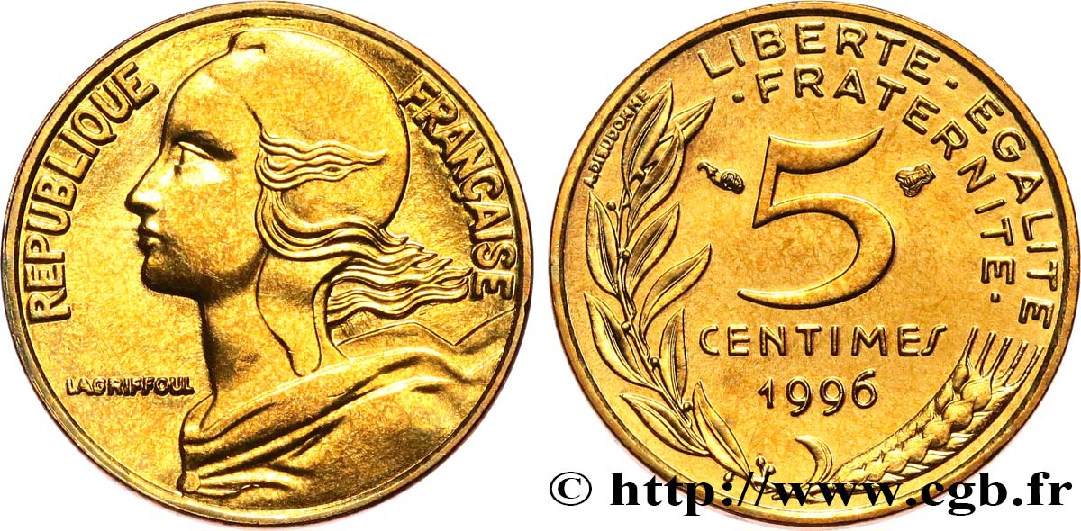 5 centimes Marianne, 3 plis, BU (Brillant Universel) 1996 Pessac F.125/38 ST 