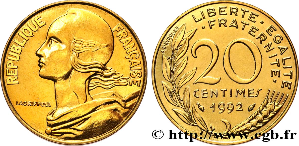 20 centimes Marianne, Brillant Universel, Frappe Médaille 1992 Pessac F.156/34 FDC 
