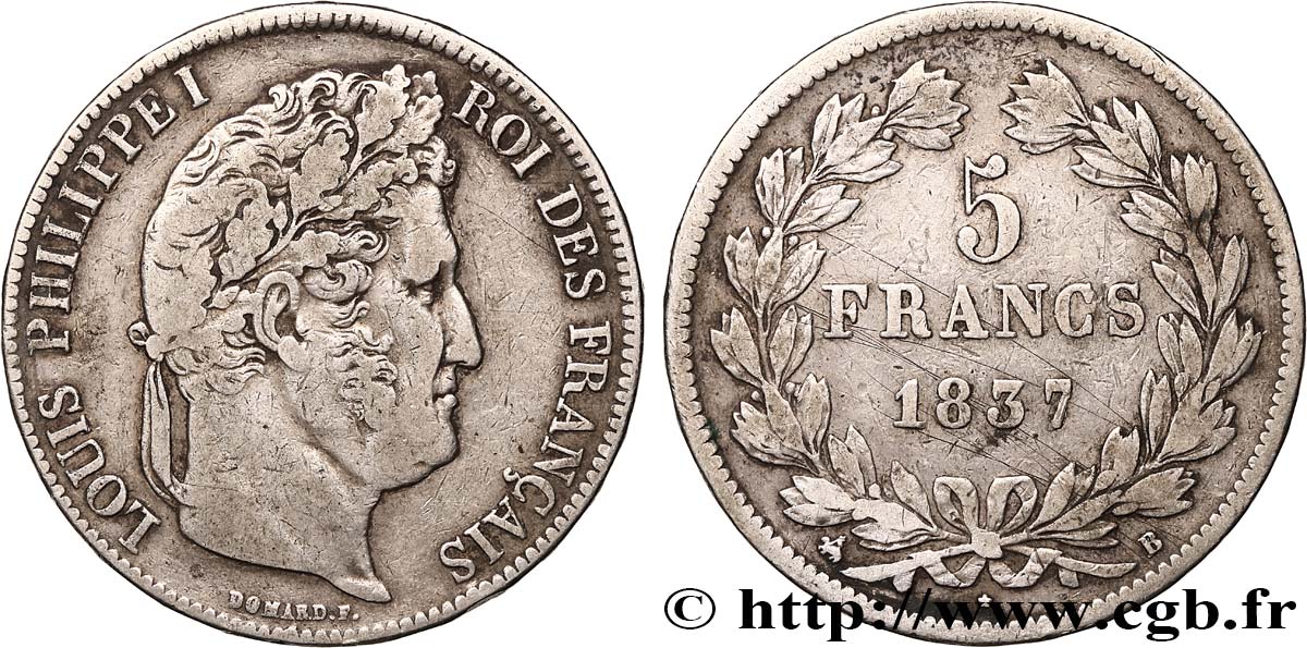 5 francs IIe type Domard 1837 Rouen F.324/62 TB 