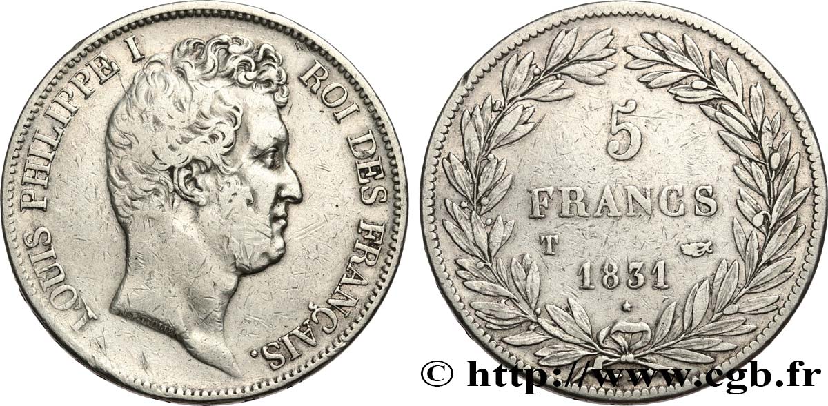 5 francs type Tiolier avec le I, tranche en creux 1831 Nantes F.315/26 TB+ 