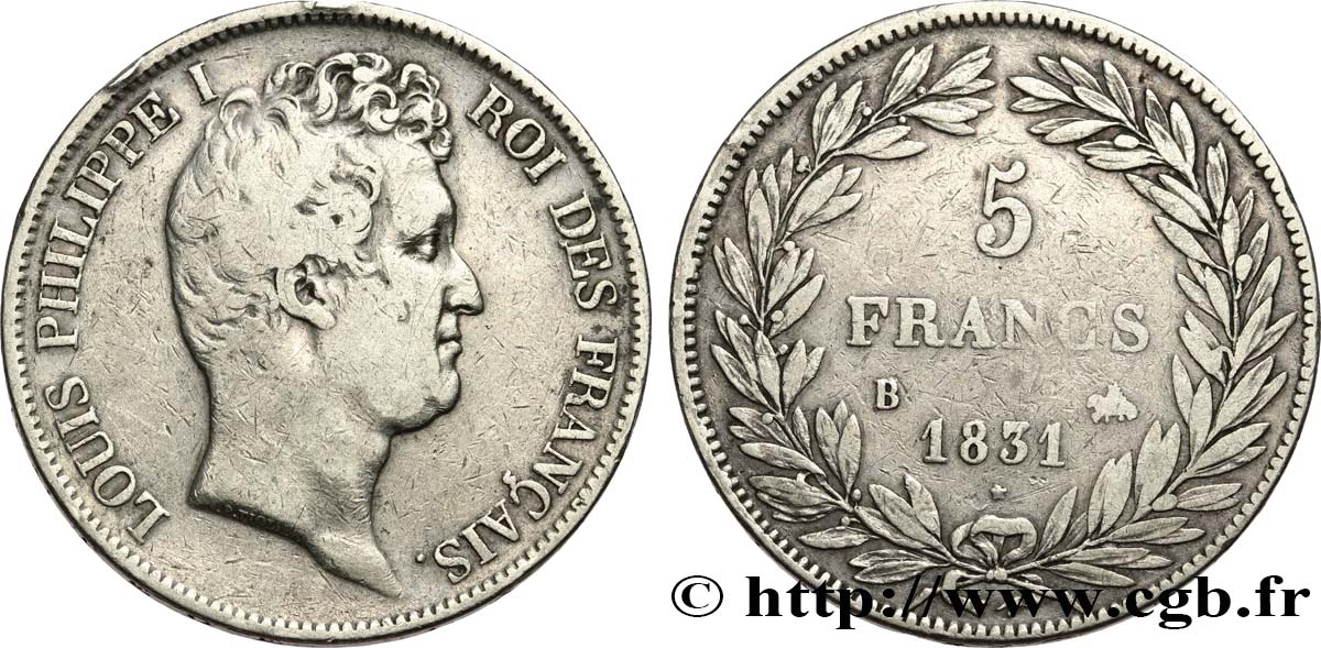 5 francs type Tiolier avec le I, tranche en creux 1831 Rouen F.315/15 VF 