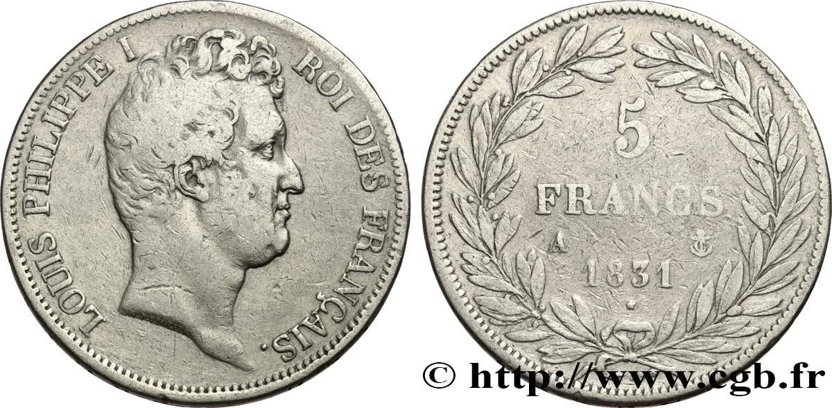 5 francs type Tiolier avec le I, tranche en creux 1831 Paris F.315/14 TB 