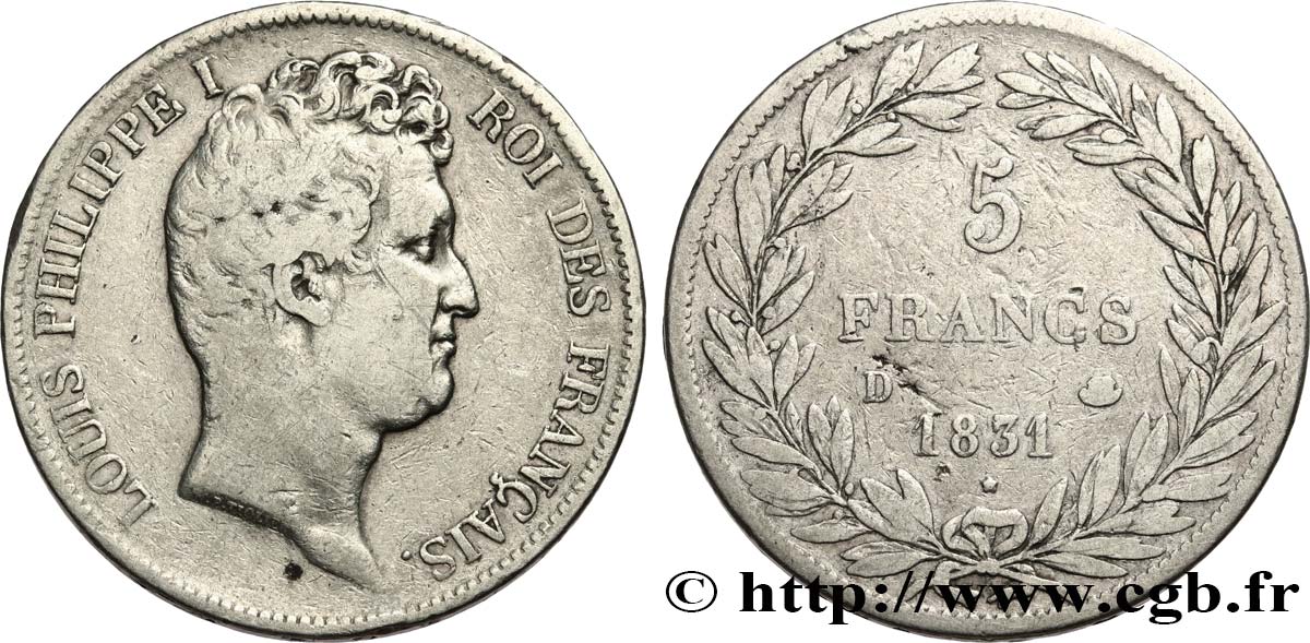 5 francs type Tiolier avec le I, tranche en creux 1831 Lyon F.315/17 VF 