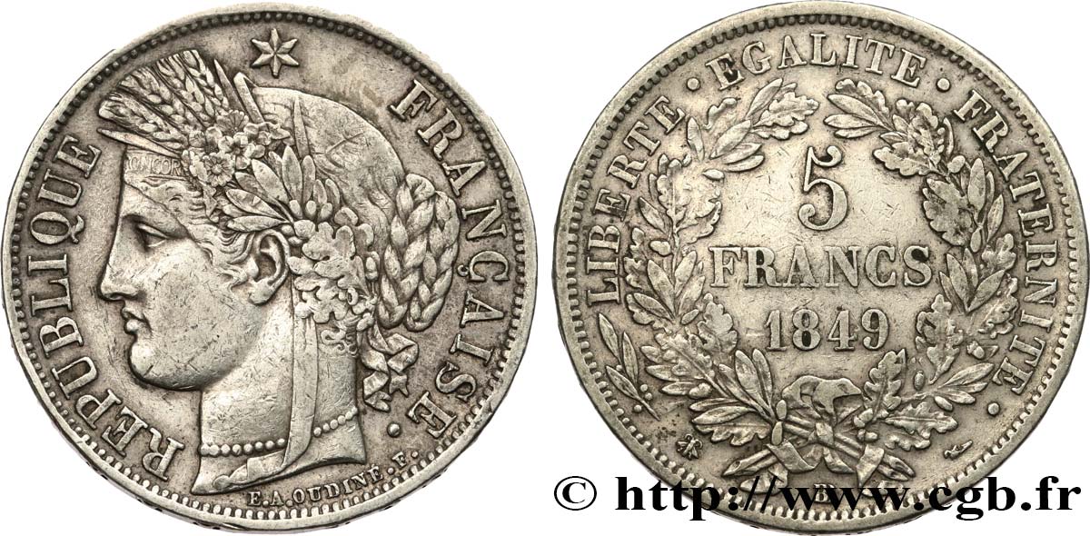 5 francs Cérès, IIe République 1849 Strasbourg F.327/3 S 