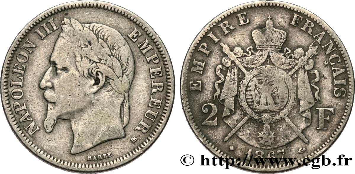 2 francs Napoléon III, tête laurée 1867 Strasbourg F.263/6 TB 