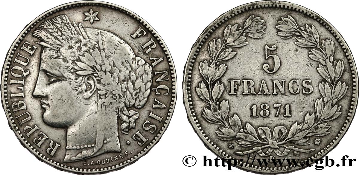 5 francs Cérès, sans légende 1871 Bordeaux F.332/8 TB 