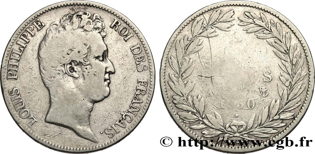 5 francs type Tiolier sans le I, tranche en creux 1830 Paris F.313/1 TB 
