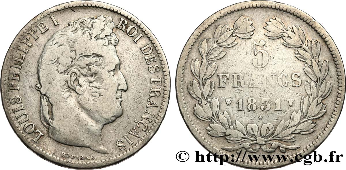 5 francs Ier type Domard, tranche en relief 1831 Lille F.320/13 VF 